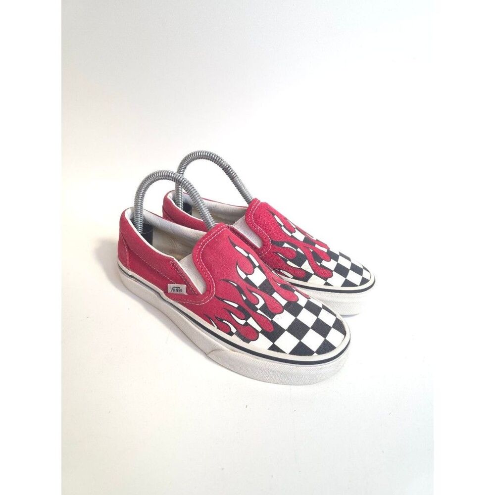 Vans Flame Checkerboard Canvas Slip On Shoes Unisex Red Black Men Size 4